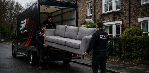 SR7 Transport crew carefully loading a sofa using the tail lift