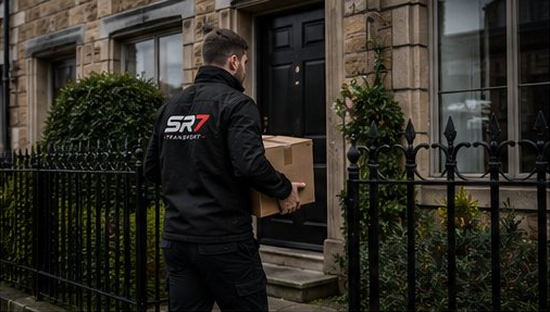 SR7 Transport driver delivering a parcel to a residential property